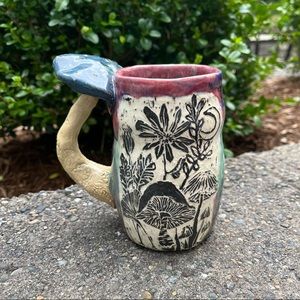 Handcrafted Floral Ceramic Mug with Blue Handle